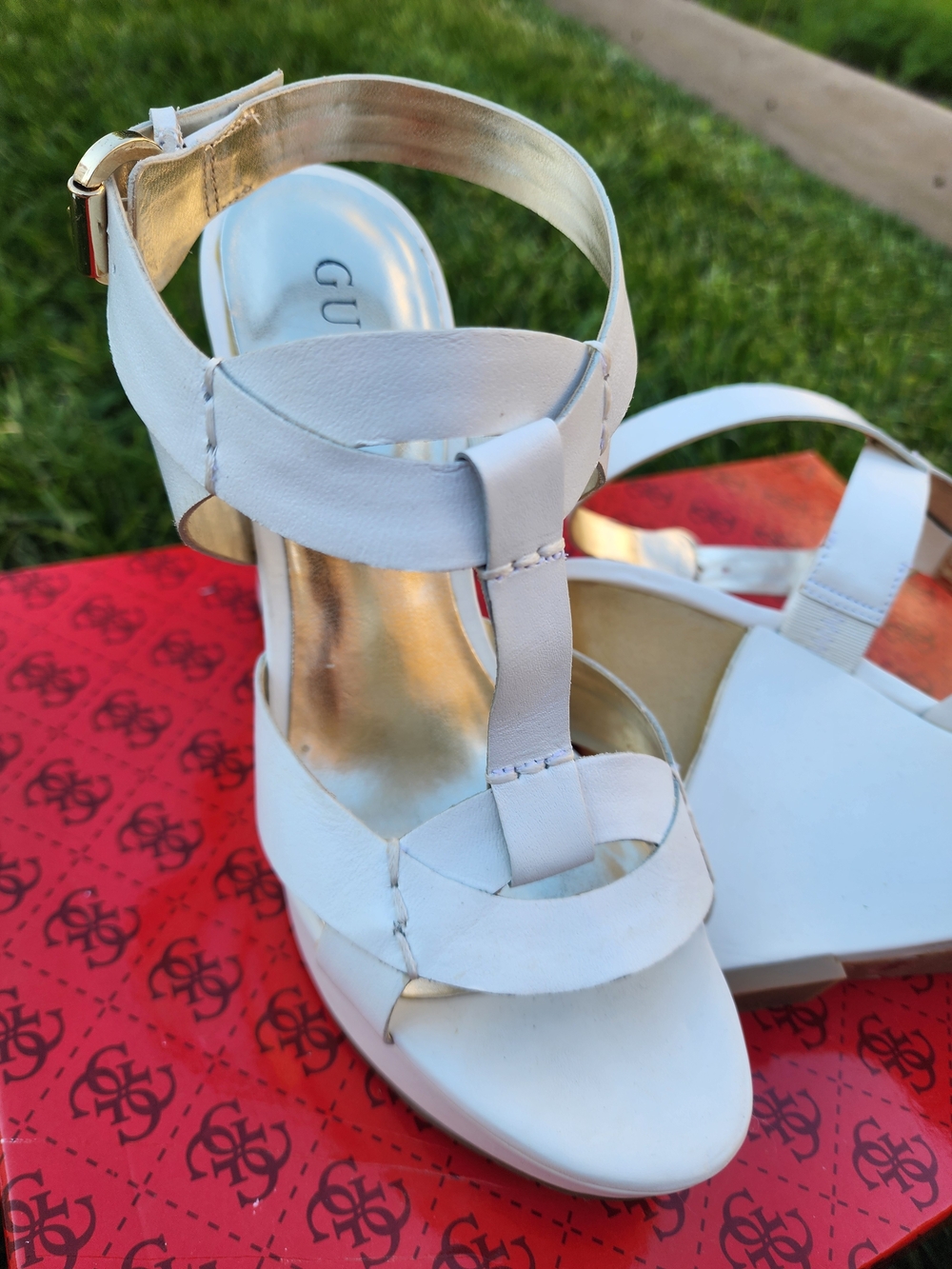 GUESS White and Gold Wedge Sandals - Women's Strappy Heels - Picture 2 of 6
